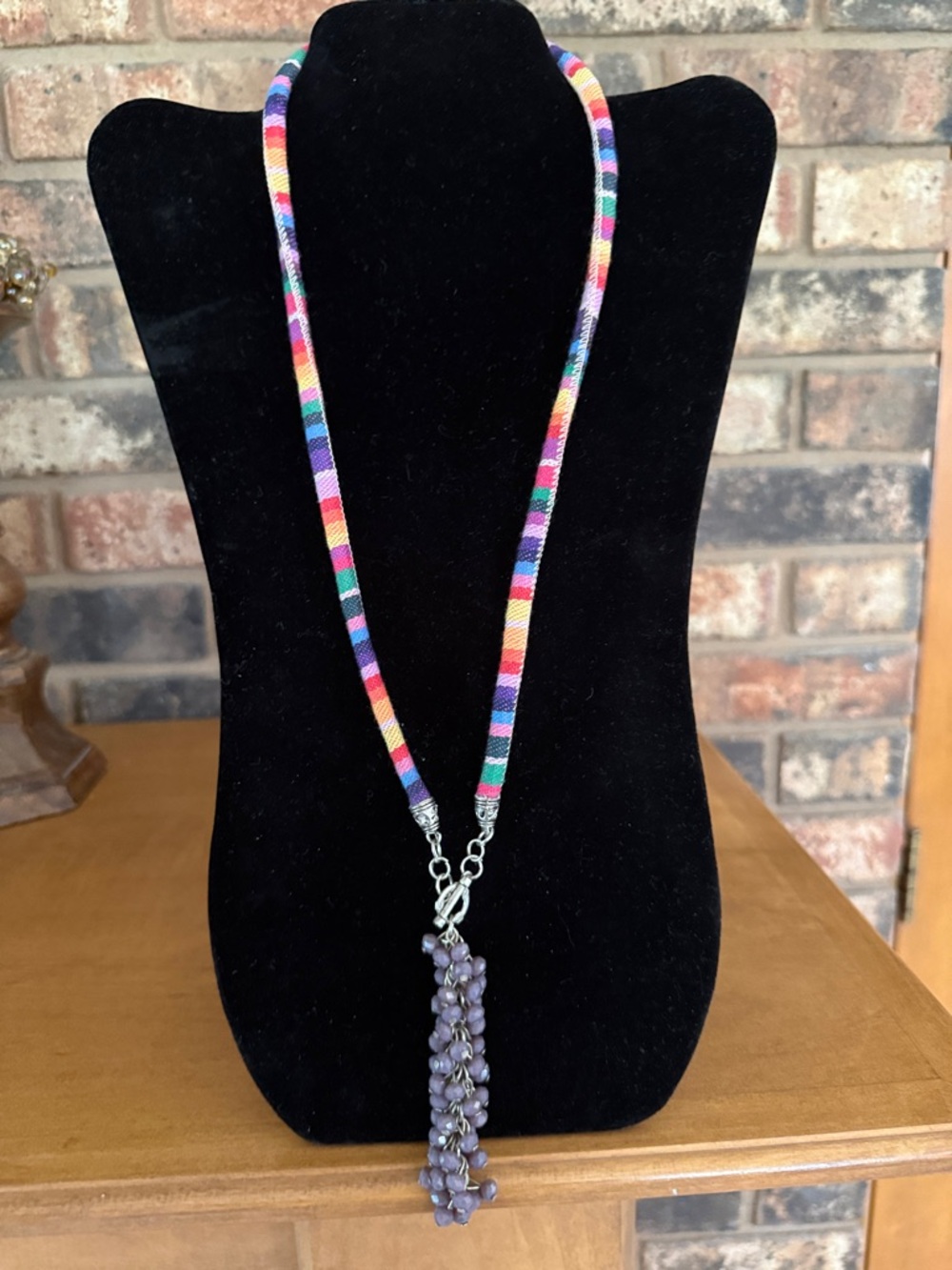 Rainbow Cord front toggle purple beaded pendant necklace